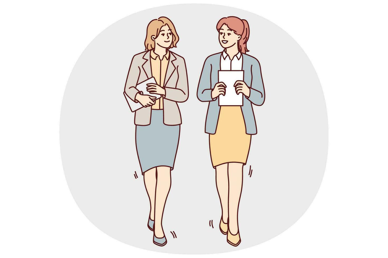 Businesswomen walking together talking discussing business ideas. Female employees with documents or paperwork in hands walk chatting. Vector illustration.
