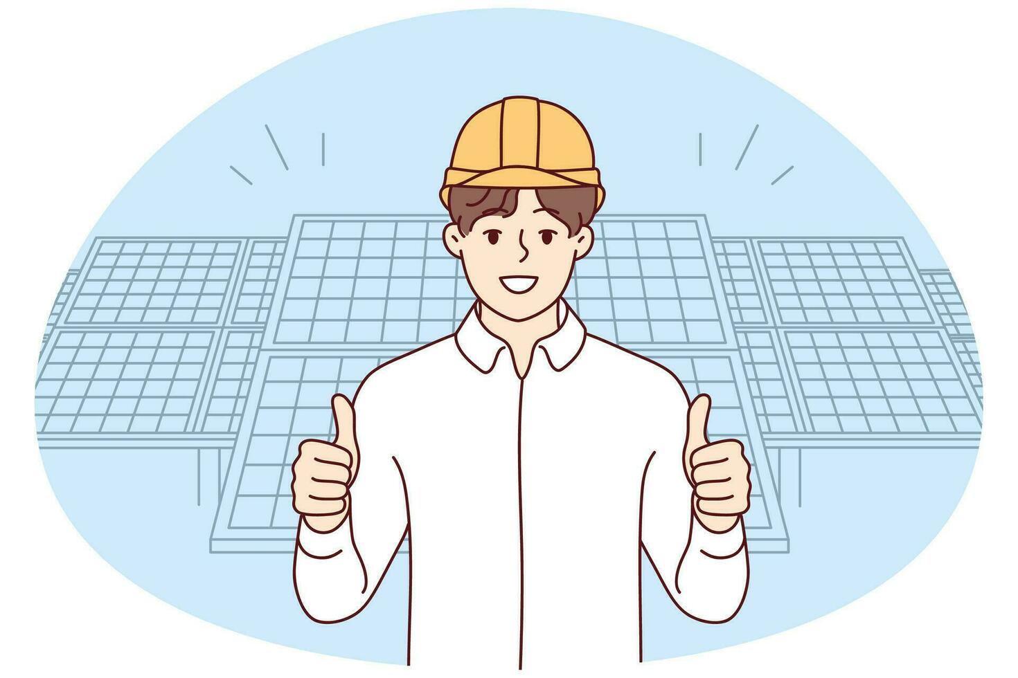 Smiling male engineer in helmet show thumb posing near solar panels. Happy man worker recommend building company. Vector illustration.