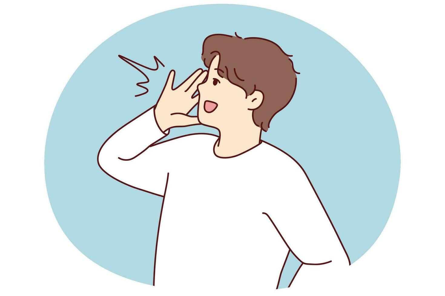 Smiling young man make hand gesture with hands screaming or making announcement. Happy guy yell or shout news to public. Vector illustration.