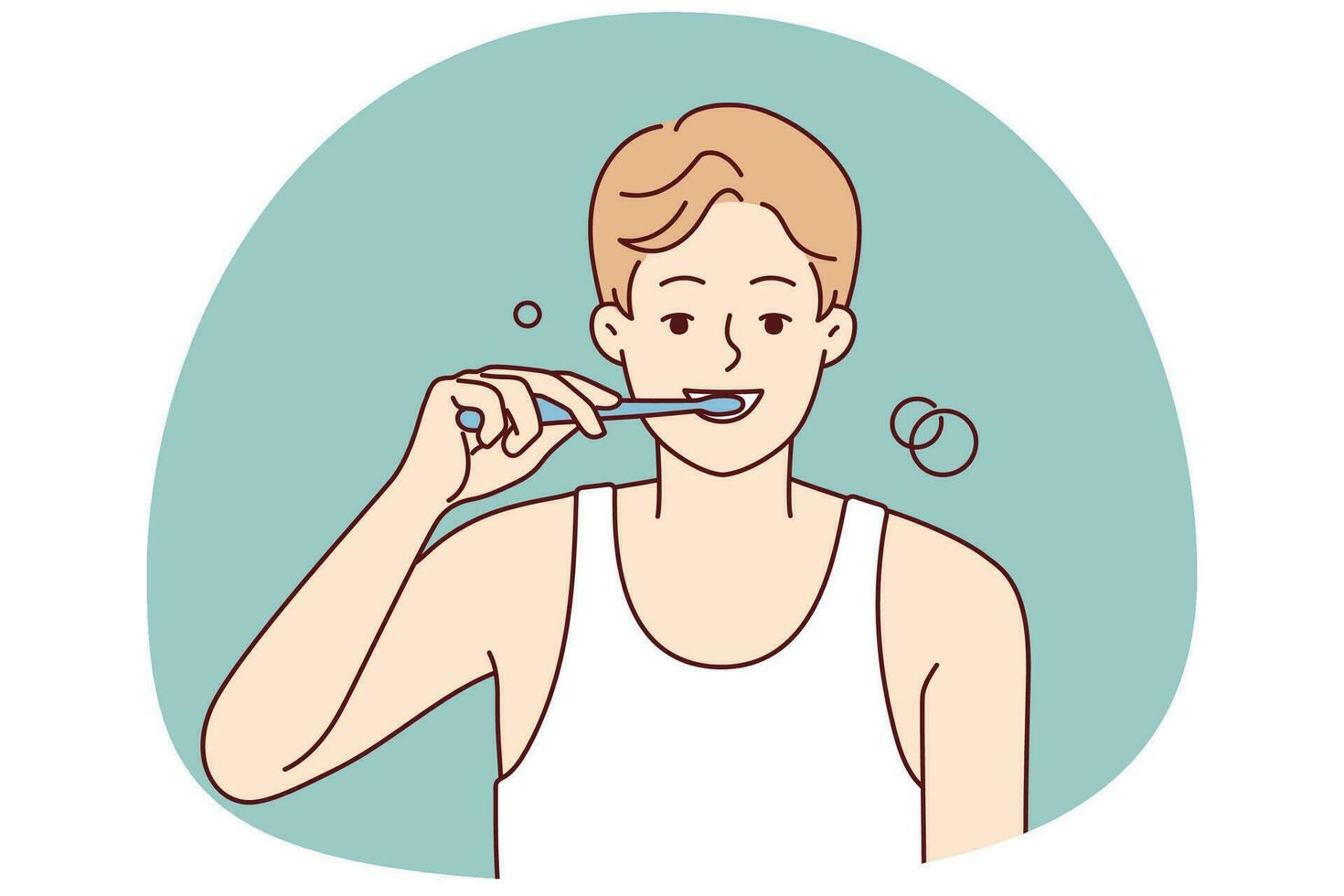 Smiling young man brushing teeth with toothbrush in morning. Happy guy do oral care daily routine in bathroom. Good habit. Vector illustration.