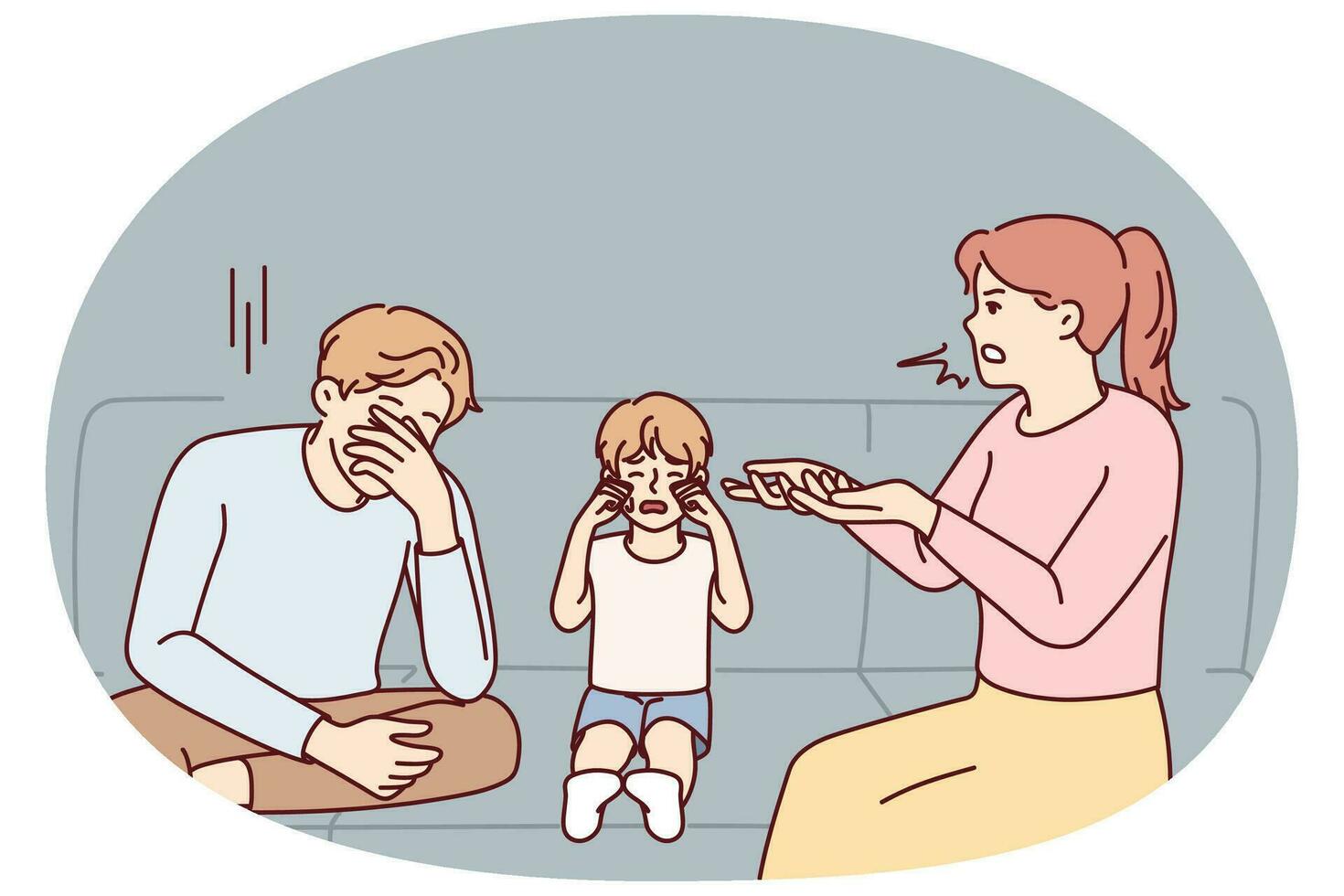 niño infeliz llorando porque los padres discuten y pelean. niño angustiado molesto sufre de peleas de madre y padre. ilustración vectorial vector