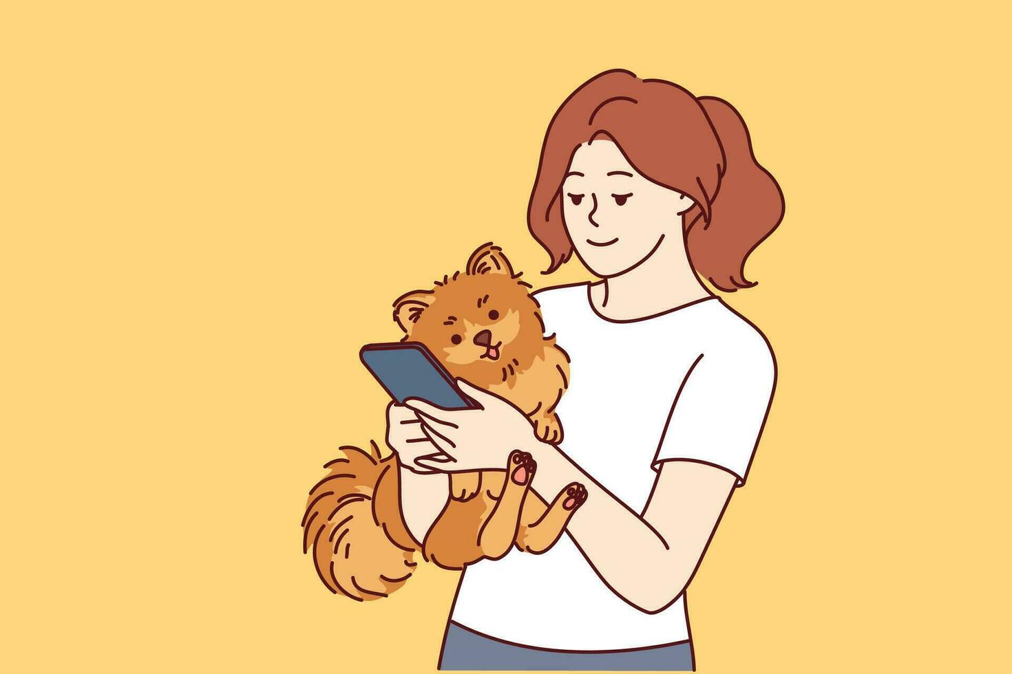 Woman has small dog and phone in hands, and is looking on internet for hotel or cafe to relax with pet. Caring girl with dog calls veterinarian to make appointment for vaccinations vector