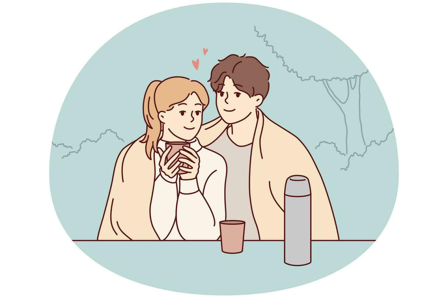 Happy couple sitting in park hugging drinking warm coffee enjoy romantic date together. Smiling loving man and woman embrace cuddling outdoors. Vector illustration.