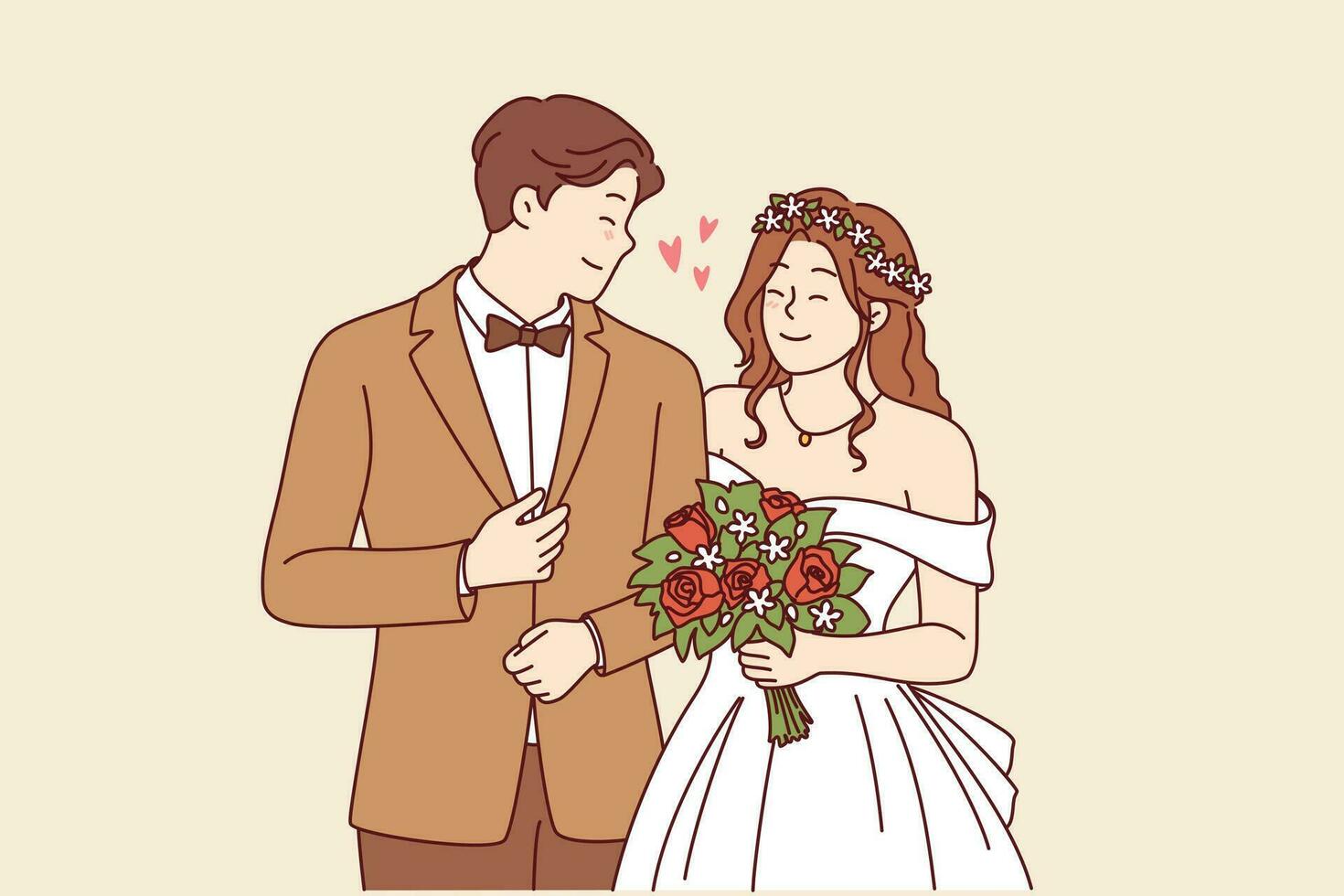 Wedding ceremony at bride and groom in beautiful outfits holding hands during engagement in church. Woman with bouquet flowers stands near husband at wedding ceremony, posing together for family photo vector