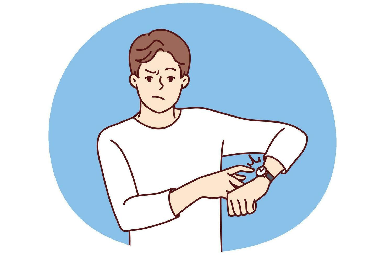 Angry young man point at wristwatch warn about deadline. Mad male notify about missing time showing on clock on wrist. Vector illustration.
