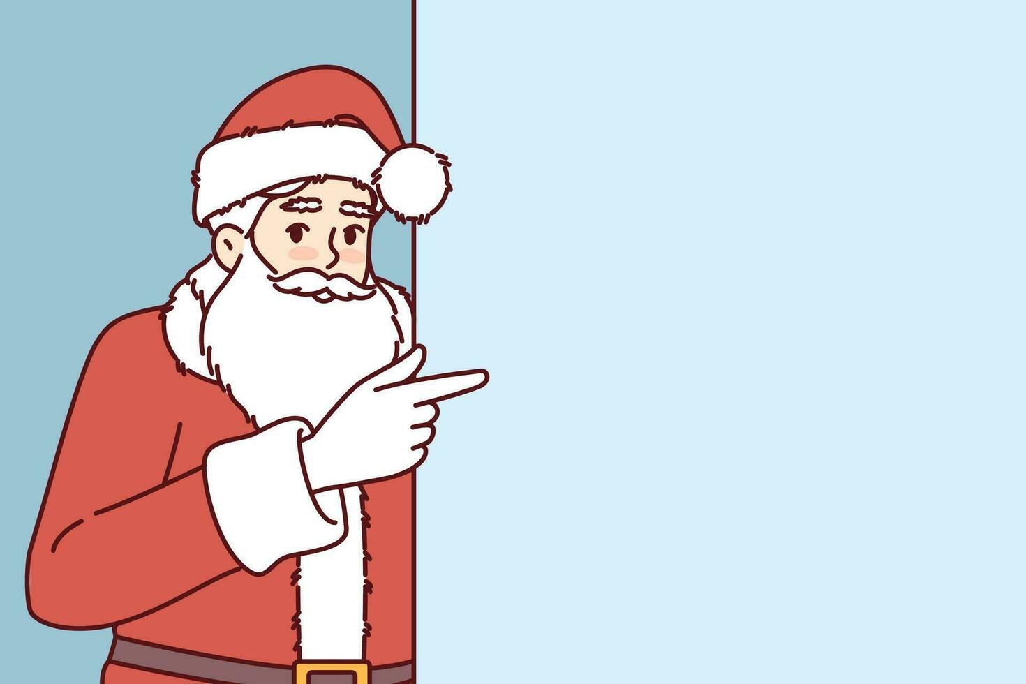 Papa Noel claus señalando dedo a blanco bandera con Copiar espacio para tu Navidad anuncio publicitario. Papá Noel recomienda pago atención a vacío cartelera publicidad Navidad ventas. vector