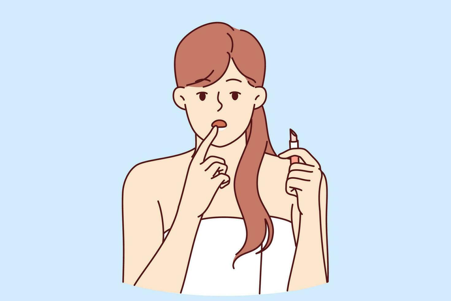 Woman with lipstick in hand, embarrassment looks at screen instead of mirror and needs healing lip balm. Girl in bath towel uses hygienic lipstick after shower and recommends using cosmetics vector