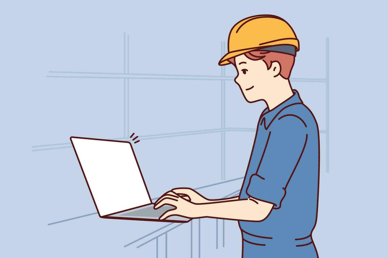 Man with laptop works as engineer in factory and performs setup of production machines, dressed in uniform and hardhat. System administrator of factory or industrial enterprise uses computer vector