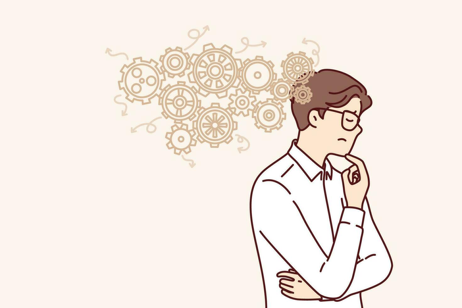 Thoughtful business man thinks about ways to automation production and improve work productivity. Guy engineer in white shirt scratches chin and thinks about possibilities of factory automation. vector