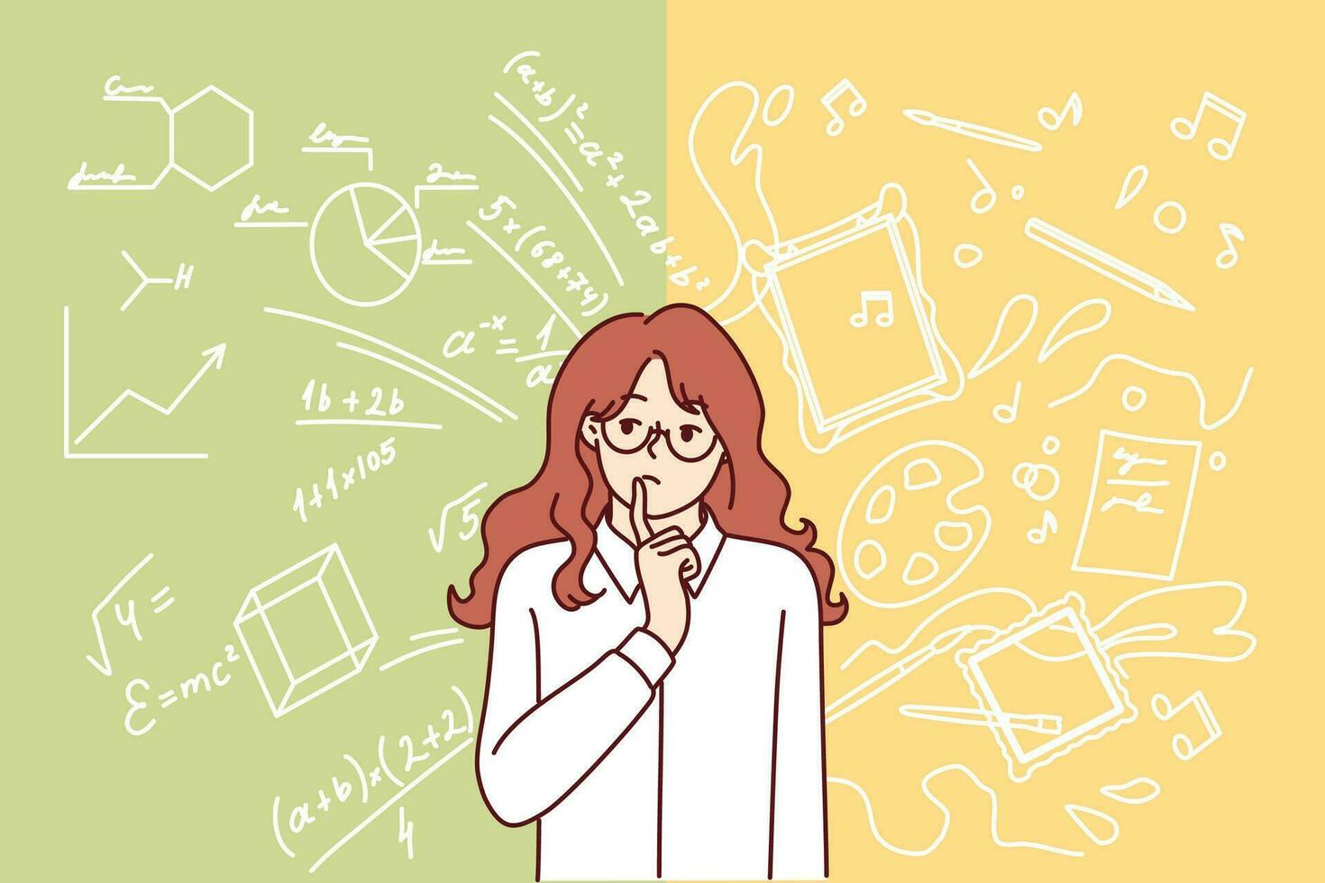 Teenager girl chooses between study and creativity, standing near chalkboard with formulas and drawings of paints. Thoughtful female student teenager keeping balance, studying at university vector