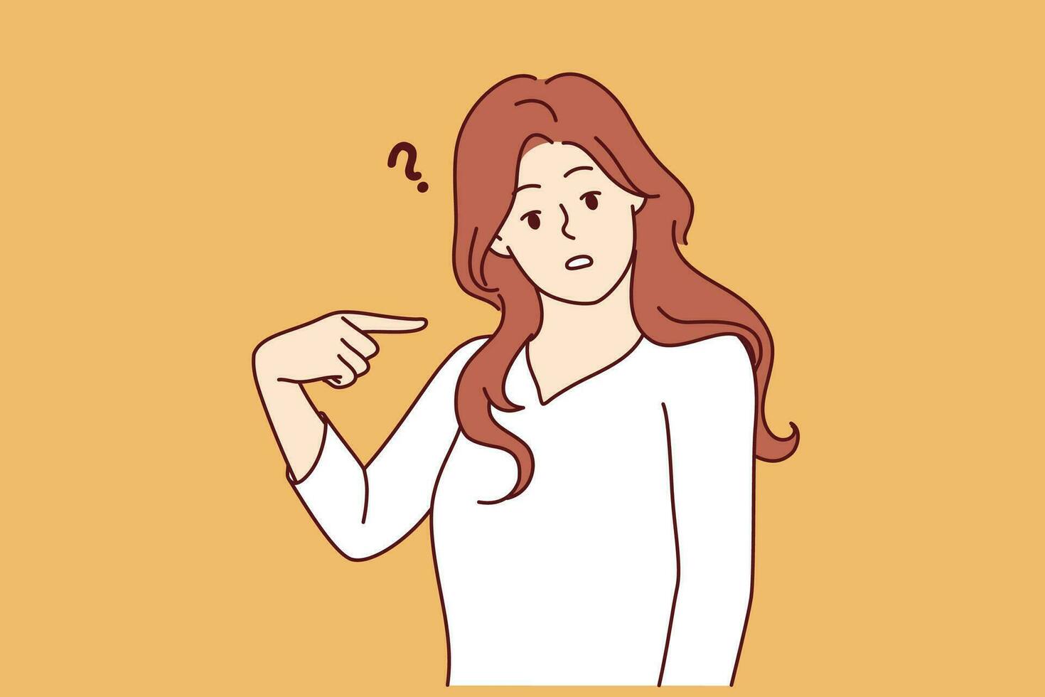 Embarrassed woman points finger at herself and looks puzzled at screen after hearing strange question. Embarrassed girl feels awkward because of incorrect statement or accusation against her vector