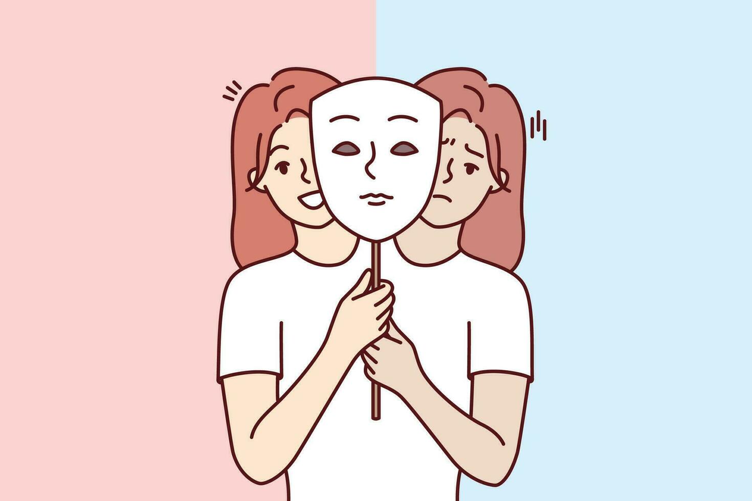 Woman suffers from bipolar disorder and problems due to sharp change in bad and good mood and holds mask. Girl with bipolar disorder is looking for help from psychologist to deal with frustration vector