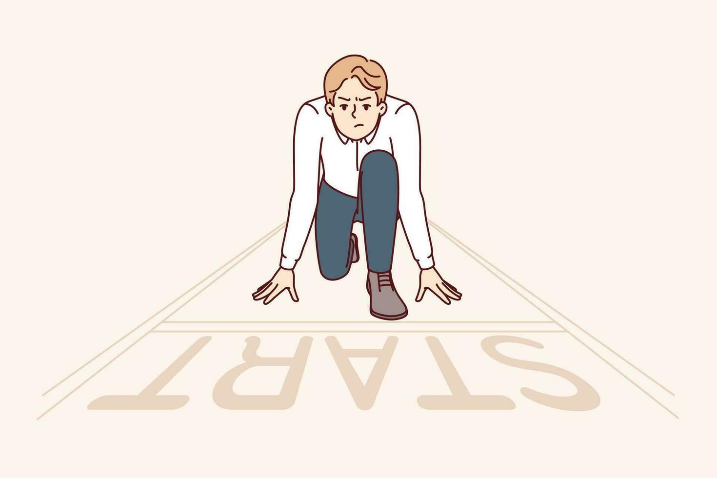 Businessman stands near inscription start, as metaphor for ambition and desire to quickly achieve goals. Successful businessman getting ready to run by taking help of professional sprinter vector