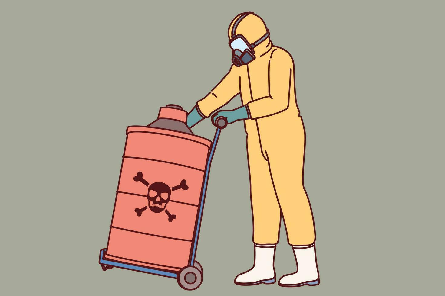 Dangerous toxic substances in barrel near specialist in chemical protection suit and respirator. Harmful toxic waste in red cask on trolley for transportation, for concept of environmental pollution vector