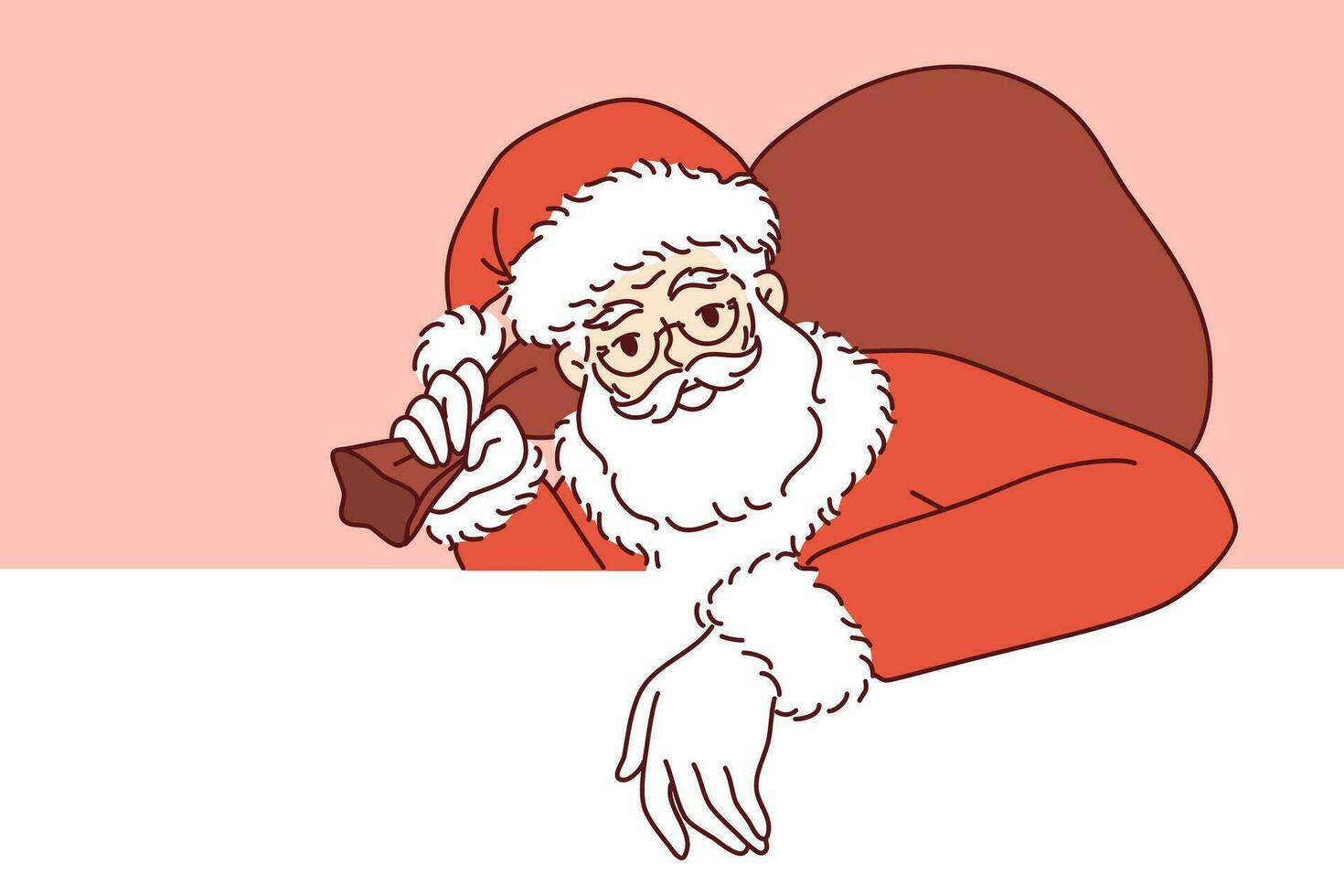 Santa claus with bag of christmas gifts leans on white banner and inviting to new year party vector