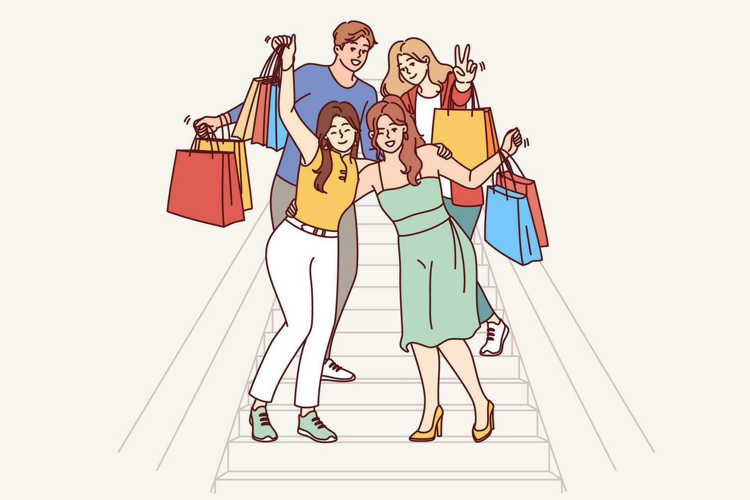 Group of shopaholics, mall buyers with multi-colored paper bags are standing on stairs, rejoicing at big discounts. Men and women shopaholics go to boutiques together and buy fashionable clothes vector