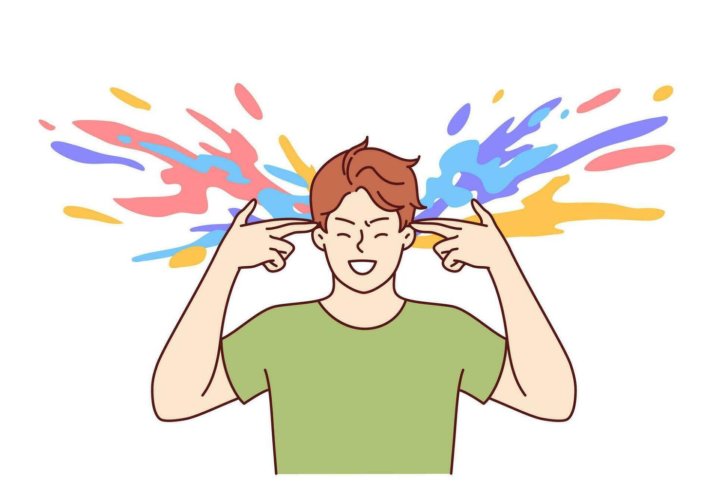 Man with creative thinking makes gesture of gun near head and colorful splashes, for concept of brainstorming. Positive guy coming up with ideas and brainstorming during rush of inspiration vector
