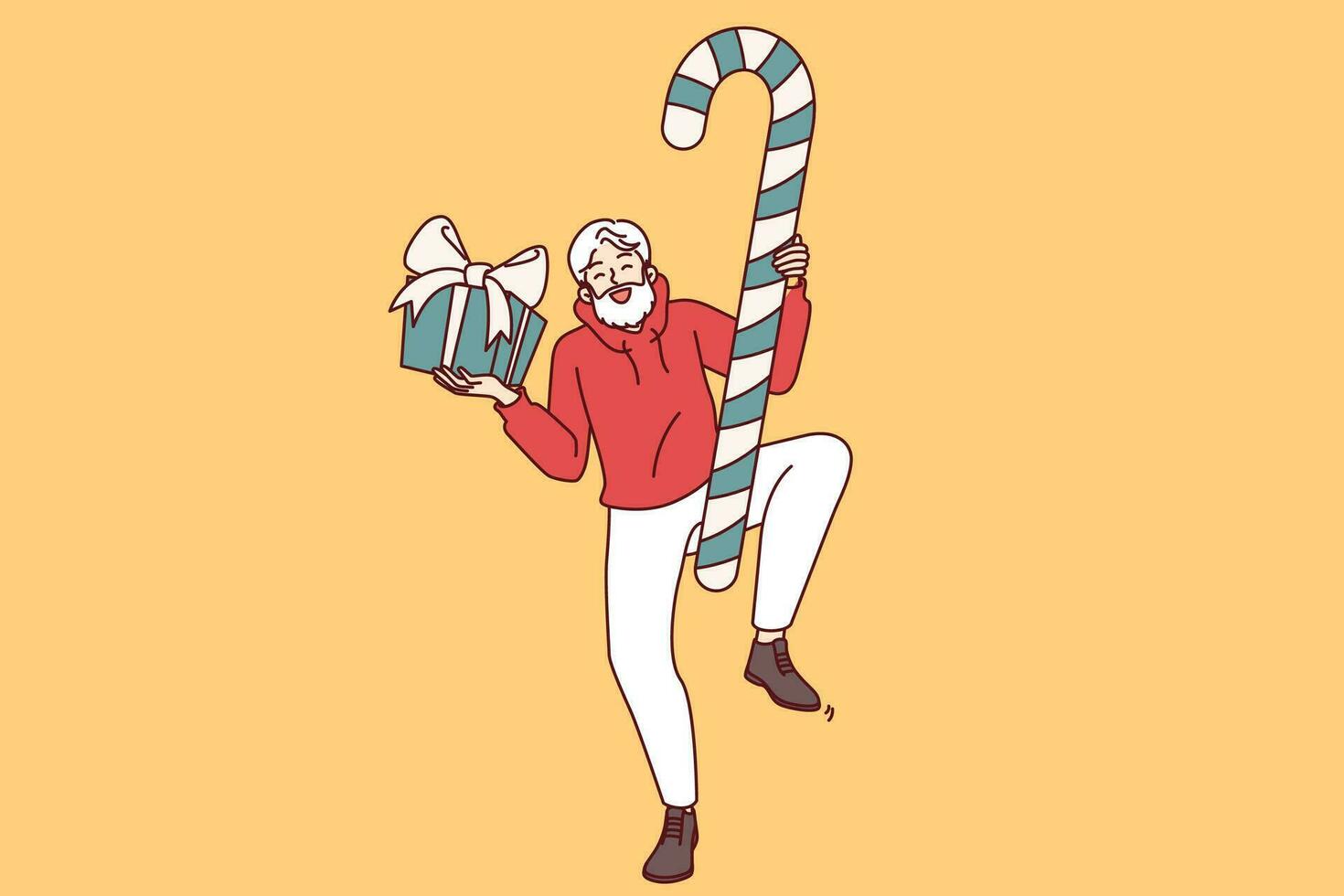 Christmas old man with new year gift and huge candy in hands dances showing festive mood vector
