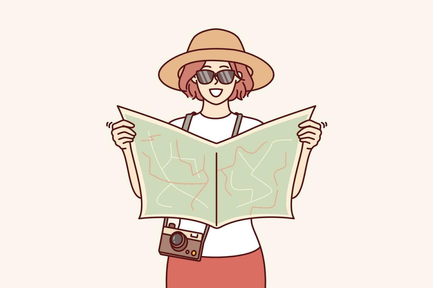 Woman tourist uses paper map to navigate and find popular attractions or directions to hotel. Young girl tourist in hat and sunglasses travels around world exploring new cities and countries vector