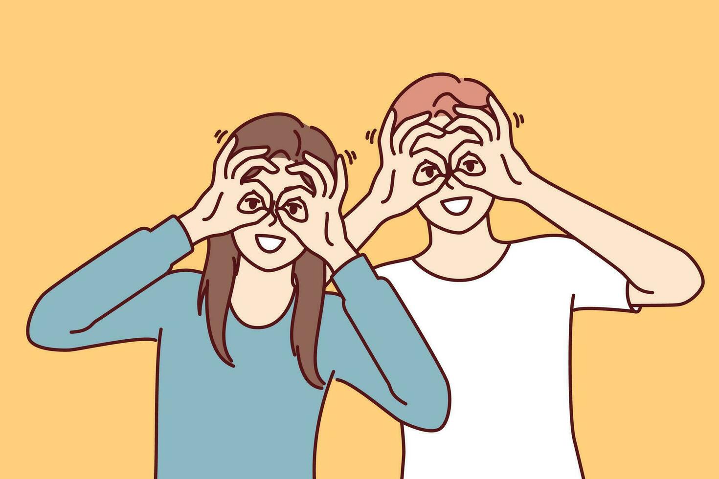 Funny man and woman make binoculars from fingers and look at screen smiling to cheer themselves up or friends. Funny guy and girl bring hands to eyes, demonstrating glasses gesture vector