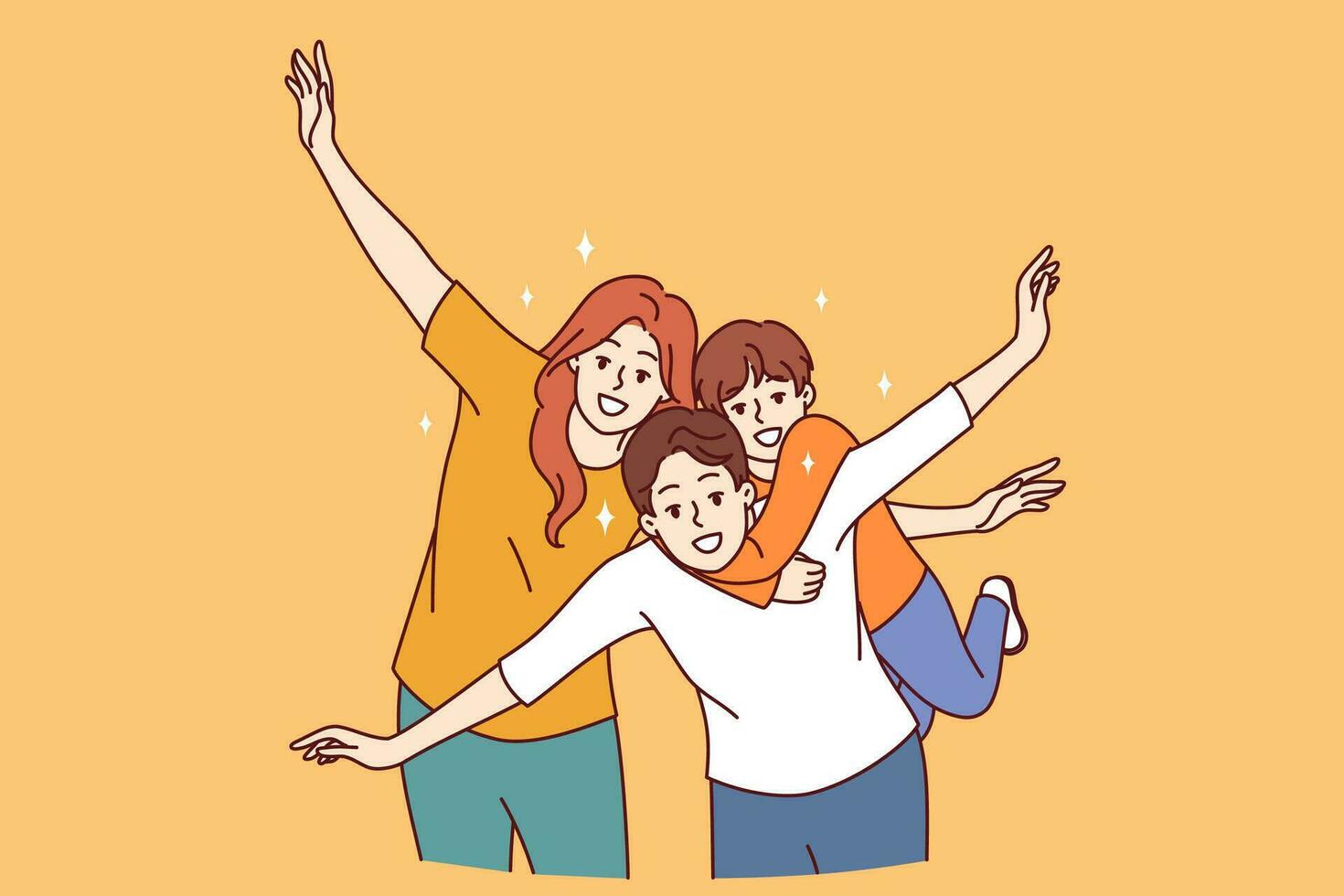 contento familia de mamá, papá y niño poner brazos a lados, fingiendo a ser aviones, y posando para grupo retrato. alegre familia teniendo divertido y sonriente mirando a cámara a compartir bueno estado animico vector