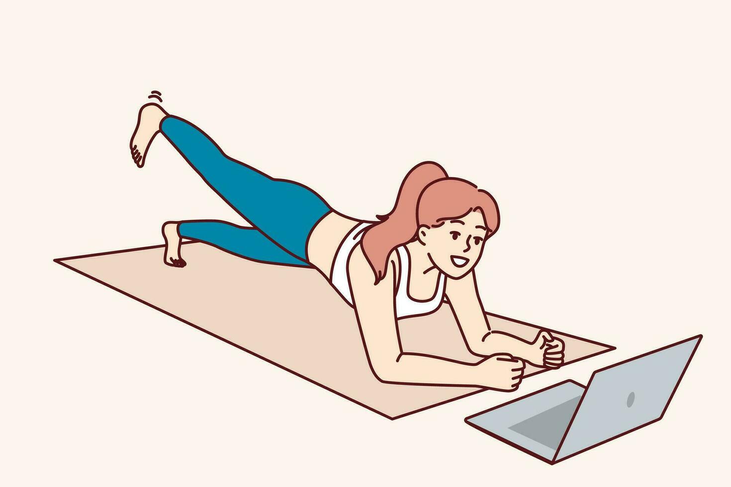 mujer es haciendo aptitud acostado en yoga estera y mirando a computadora portátil, escuchando a Consejo en línea entrenador. concepto vídeo lecciones y distancia formación para Atletas quien querer a hacer aptitud sin dejando hogar vector