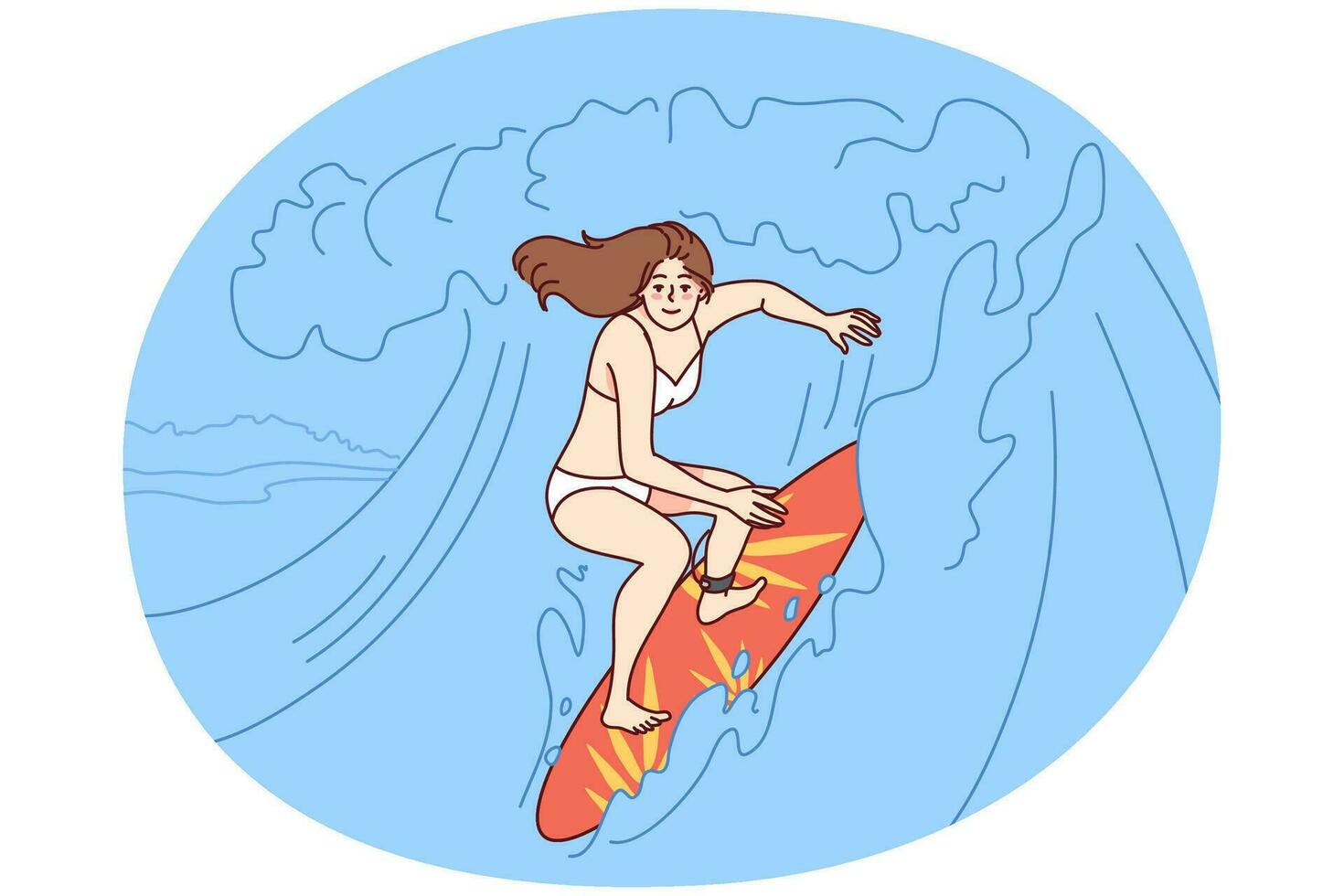 Happy woman in bikini surfing on waves in ocean on board. Smiling active female surfer have fun enjoy summer vacation. Vector illustration.