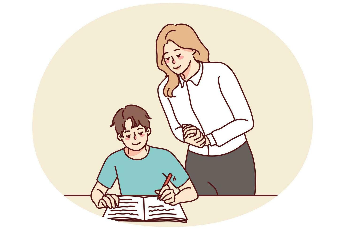 Teacher control boy child writing in notebook. Female tutor look at kid handwrite in classroom. School education concept. Vector illustration.