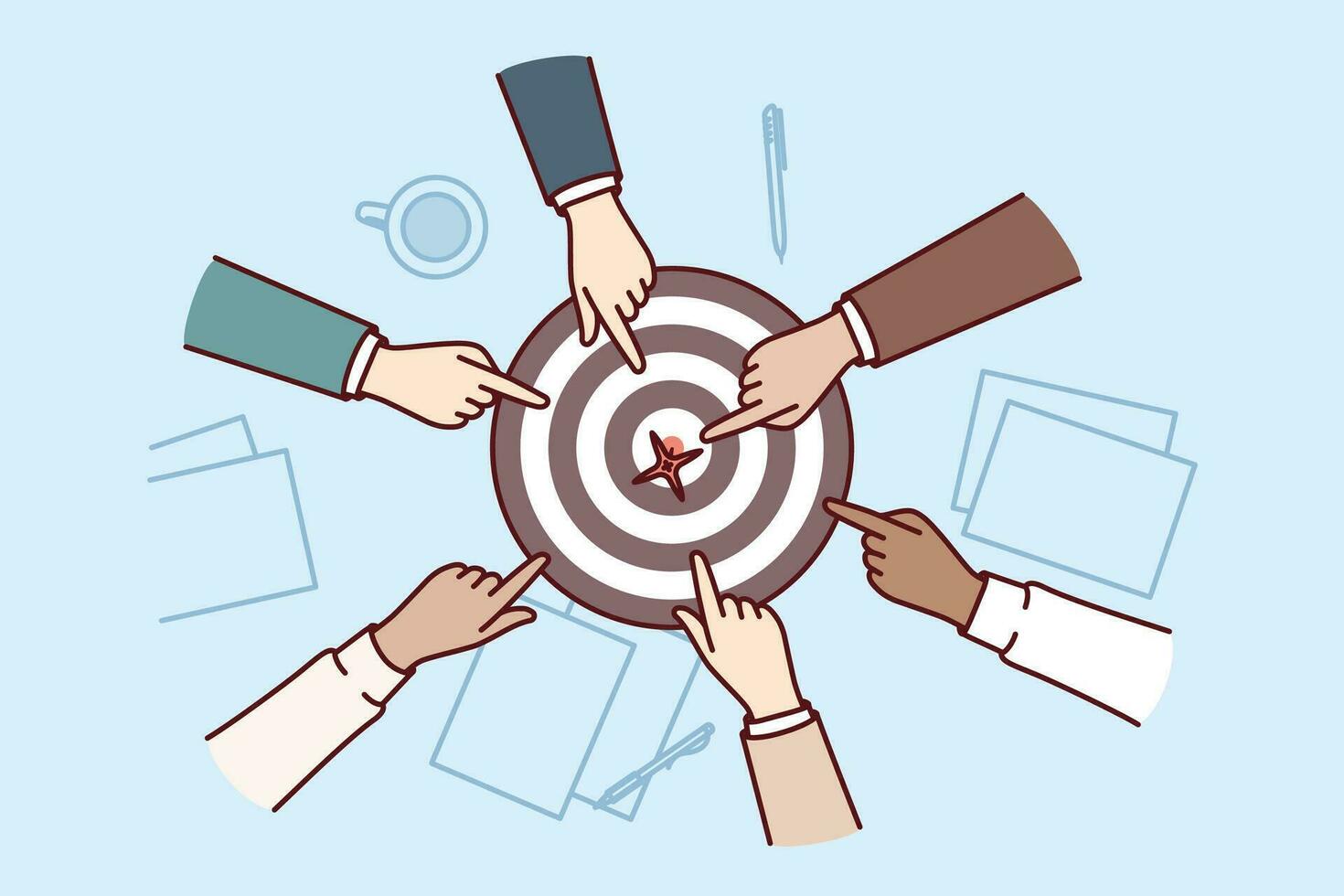 Target for darts and hands of purposeful people working together to achieve tasks or goals set by manager. Teamwork concept to achieve goals and make progress in business and career success vector