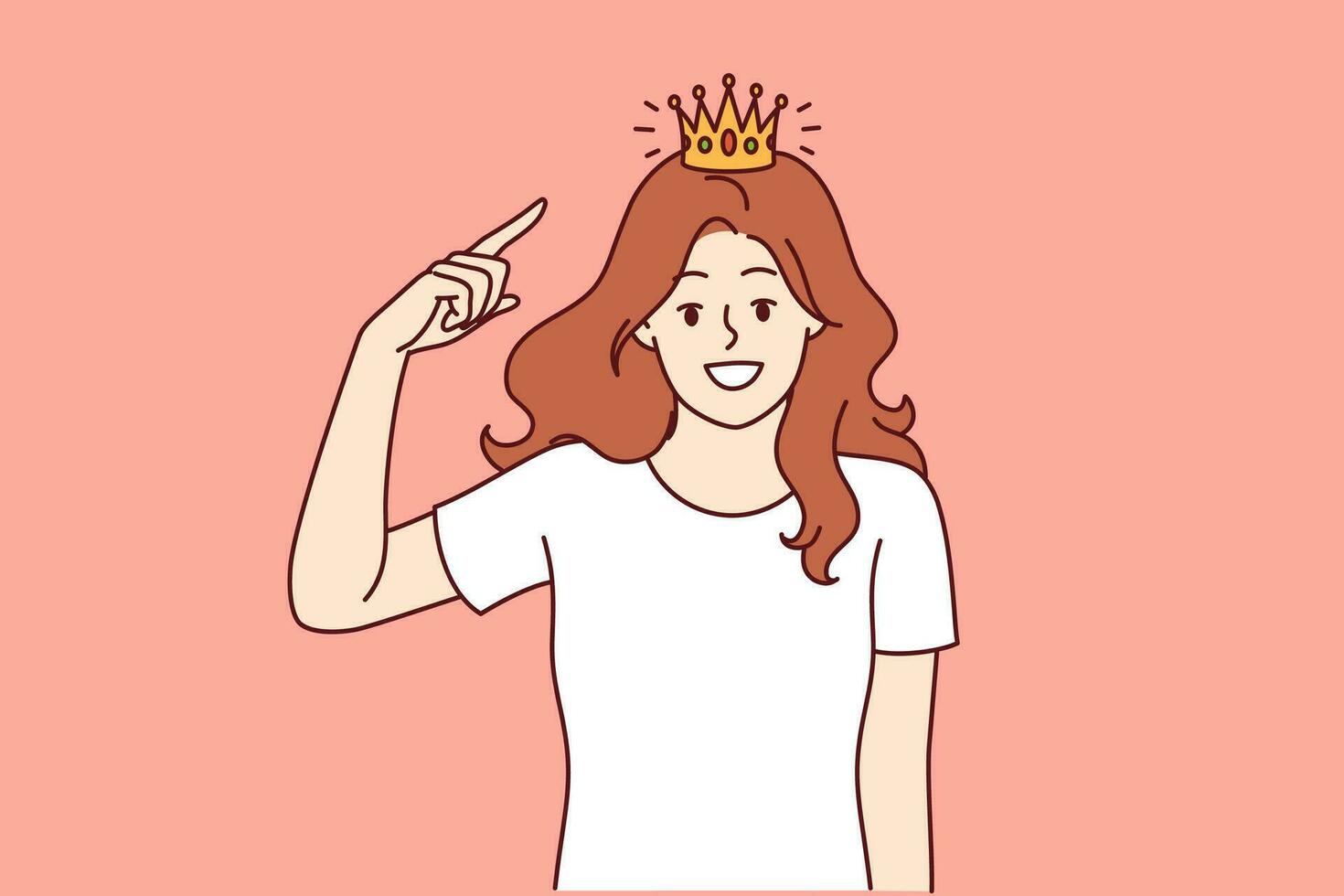 Woman with golden crown on head, smiling broadly and looking at screen, showing confidence and narcissism. Happy girl tries on princess crown and dreams of marrying prince or king. vector