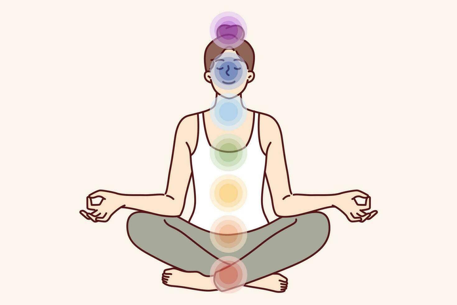 Meditating woman sits in lotus position and does yoga, feeling changes in aura and surge of vitality. Girl uses yoga practices to open seven chakras that affect health and psychological state vector