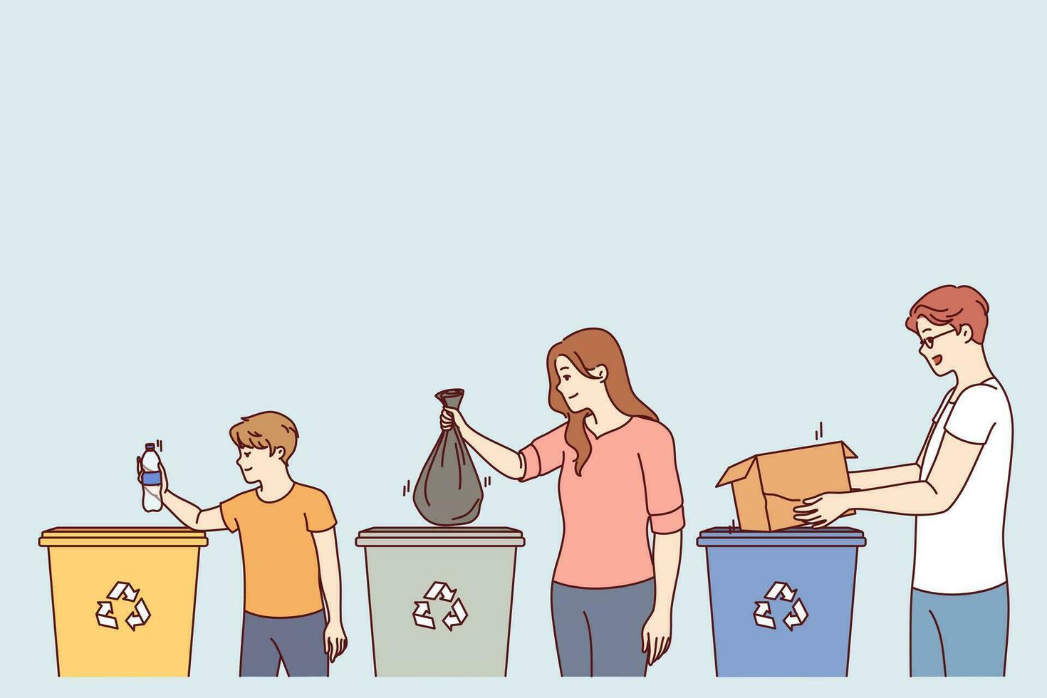 Parents and children stand near trash cans, participating in separate waste collection vector