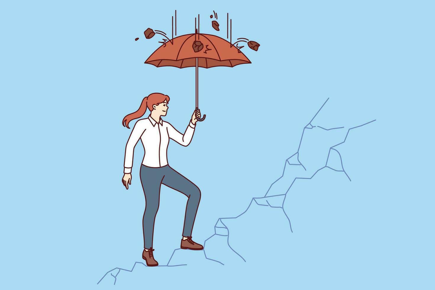 negocio mujer alpinismo acantilado utilizando paraguas a proteger sí misma desde que cae piedras vector