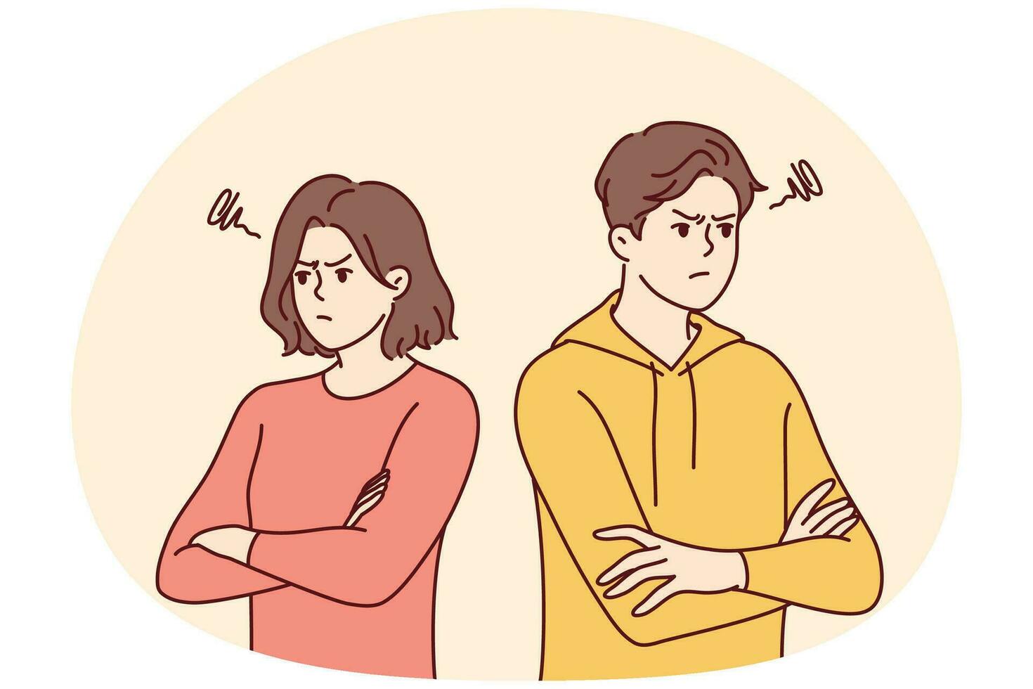 Young family man and woman stand in offended pose after quarrel or disagreement. Vector image