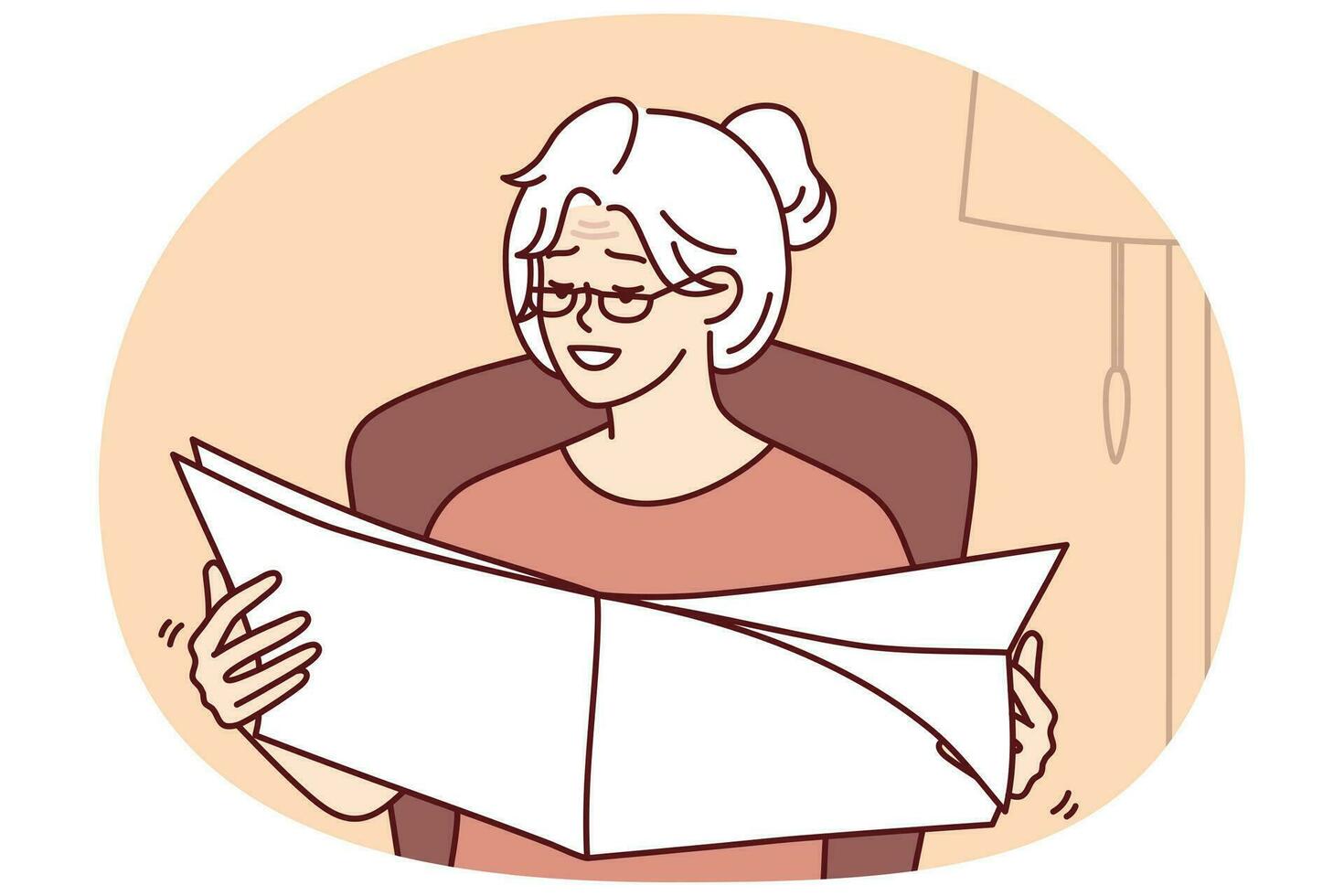 Elderly gray-haired woman reads newspaper with latest news sitting in cozy home chair. Vector image