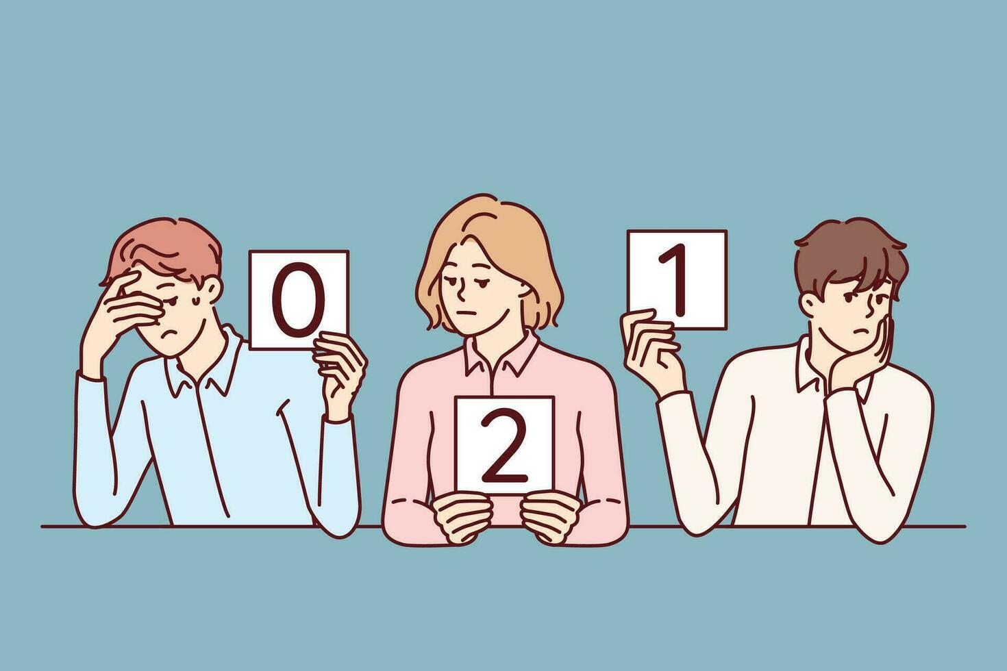 Frustrated business people show low marks to potential company employees participating in competitive interview. Corporate jury is disappointed by lack worthy candidates for vacant business position vector