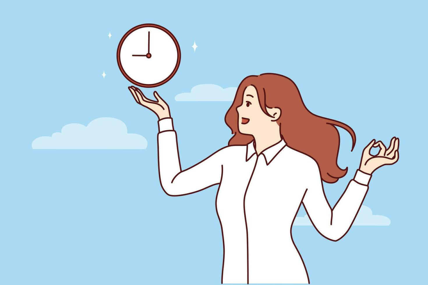 mujer sostiene reloj en pie debajo azul cielo y recuerda puntualidad y importancia reunión plazos vector