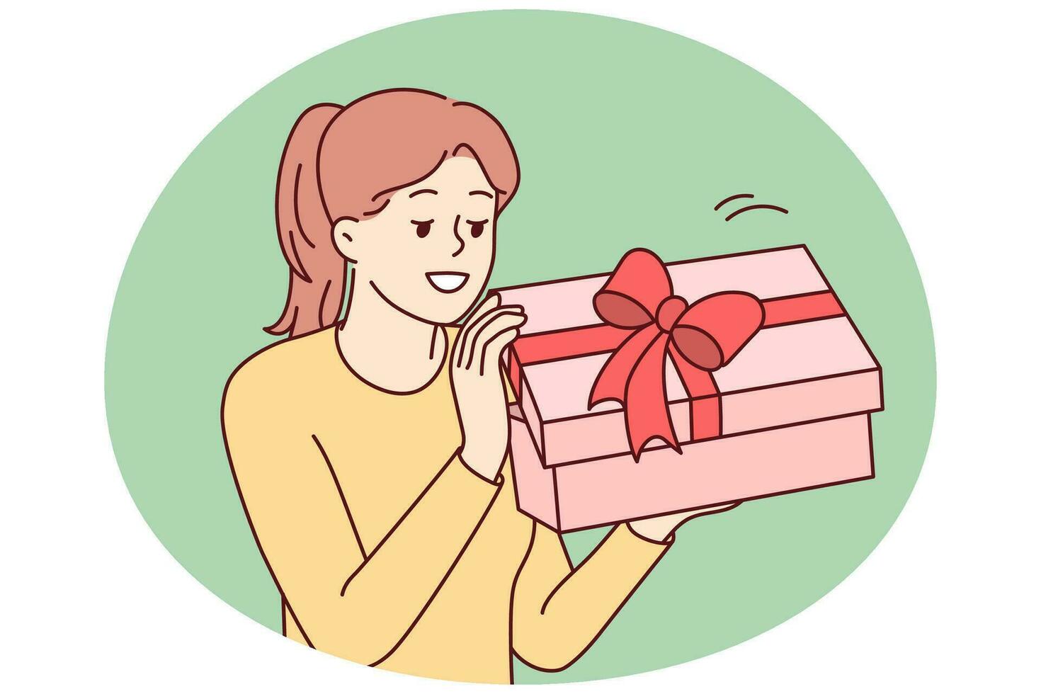 emocionado joven mujer abierto envuelto presente celebrando cumpleaños. sonriente niña deshacer regalo caja con arco. celebracion y fiesta. vector ilustración.