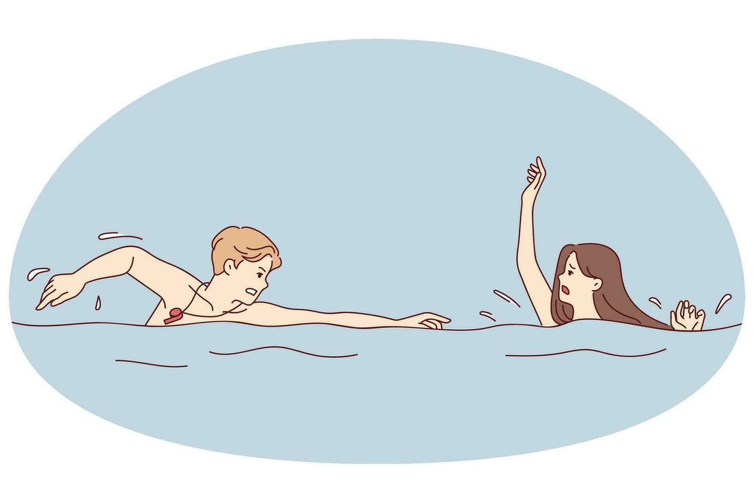 masculino Guardia nadando a estresado hembra hundimiento en agua. salvador prisa a preocupado hembra ahogo en mar o piscina. vector ilustración.