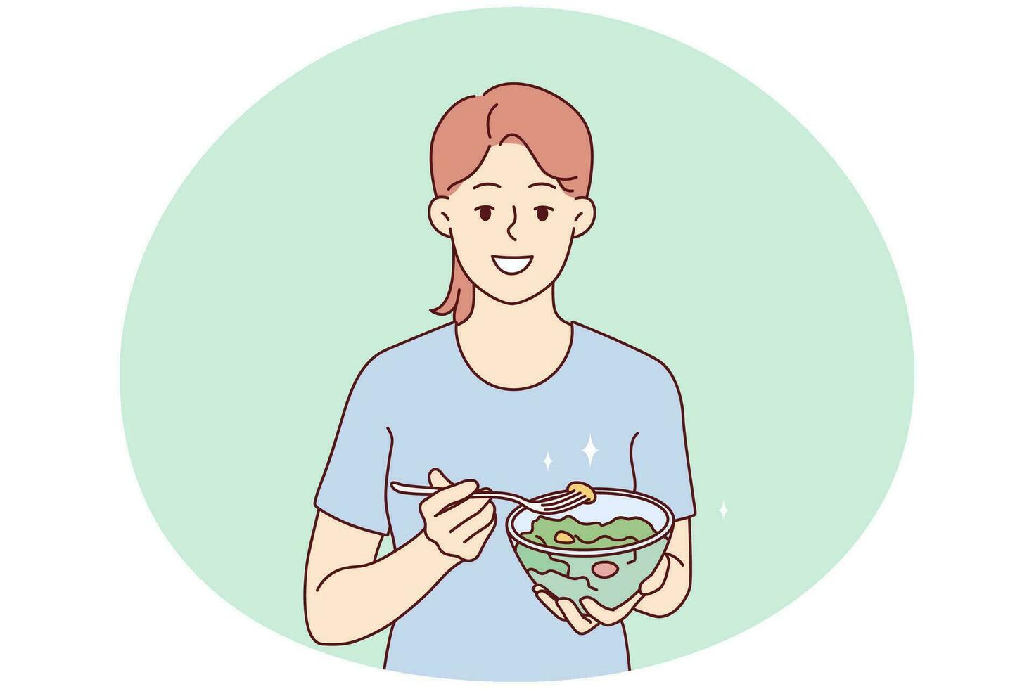 sonriente joven mujer comiendo sano ensalada seguir dieta. contento niña disfrutar vegetal comida cuidado acerca de bueno hábitos nutrición y vegetariano estilo de vida. vector ilustración.