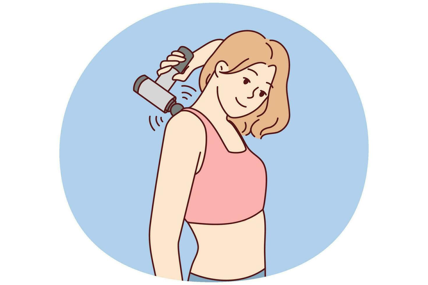 Young woman massage back with electric massager. Smiling girl relieve backache with electronic massaging device. Vector illustration.