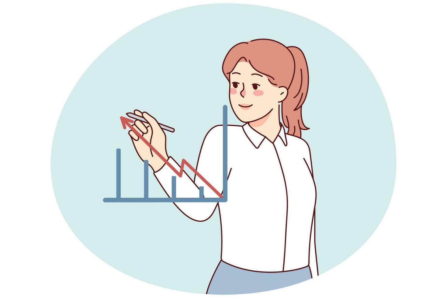 Businesswoman drawing graph with arrow going up. Smiling female employee with chart showing rise in commerce and finance. Business success. Vector illustration.