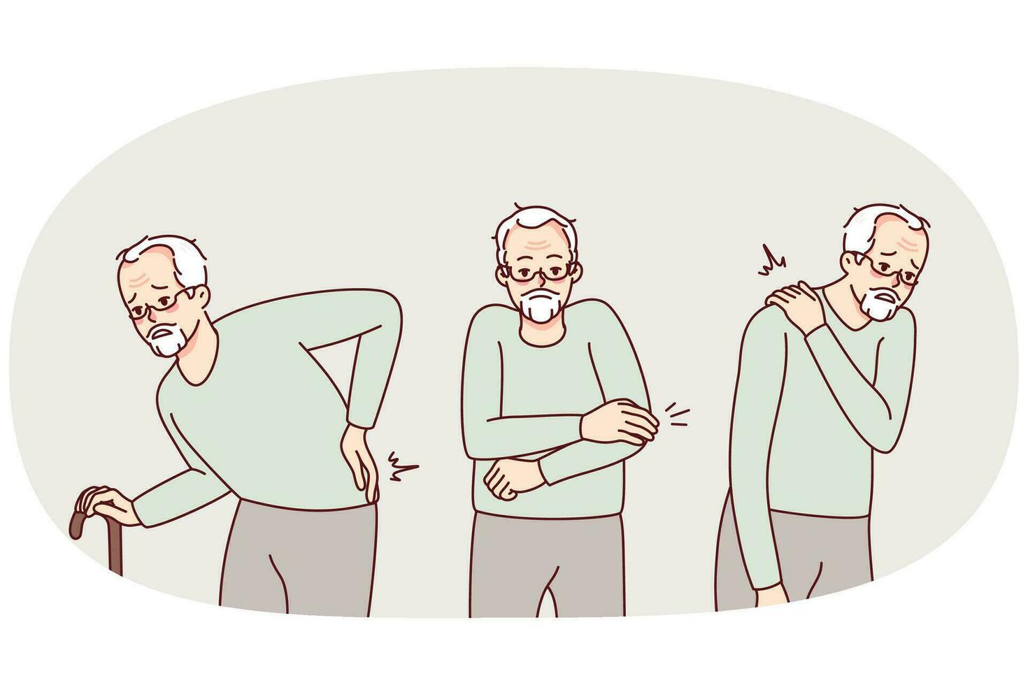 Unhealthy old man suffer from health problems. Unwell mature grandfather struggle with sickness or disease. Elderly healthcare and geriatrics. Vector illustration.