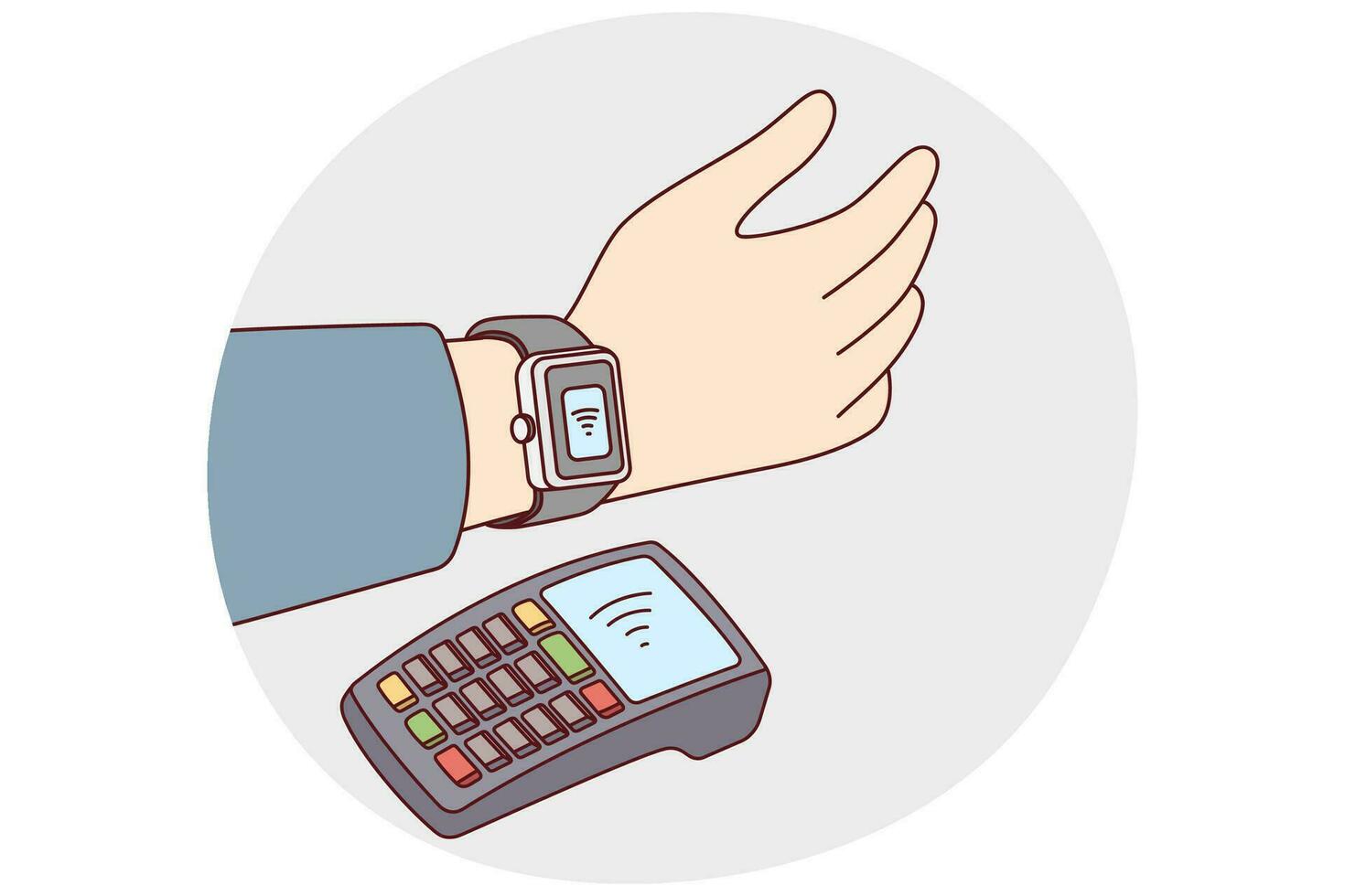 Person pay with smartwatch on bank terminal in shop. Modern man make transaction with smart watch in store. Banking and payment. Vector illustration.