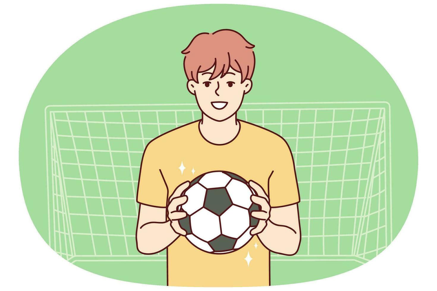 Smiling guy with ball stand near gates playing football. Happy male athlete or sportsman enjoy soccer game outdoors. Goalkeeper near net. Vector illustration.