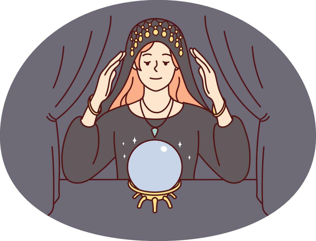 Female fortune teller look at magic ball predict future. Woman gypsy in robe do magical ritual in room. Vector illustration.
