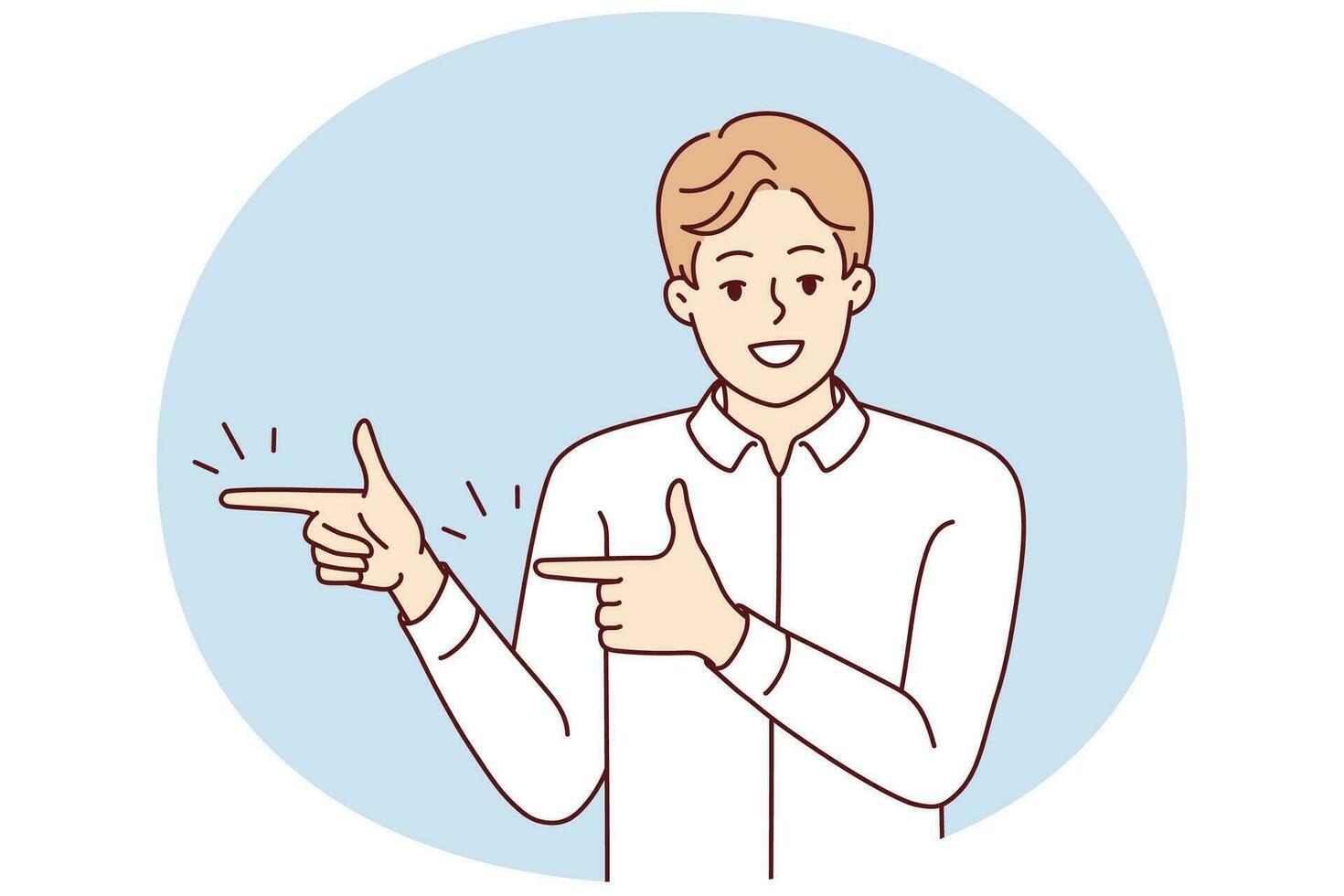 Smiling man point at good sale deal or offer. Happy guy recommend discount or promotion. Recommendation and client feedback. Vector illustration.