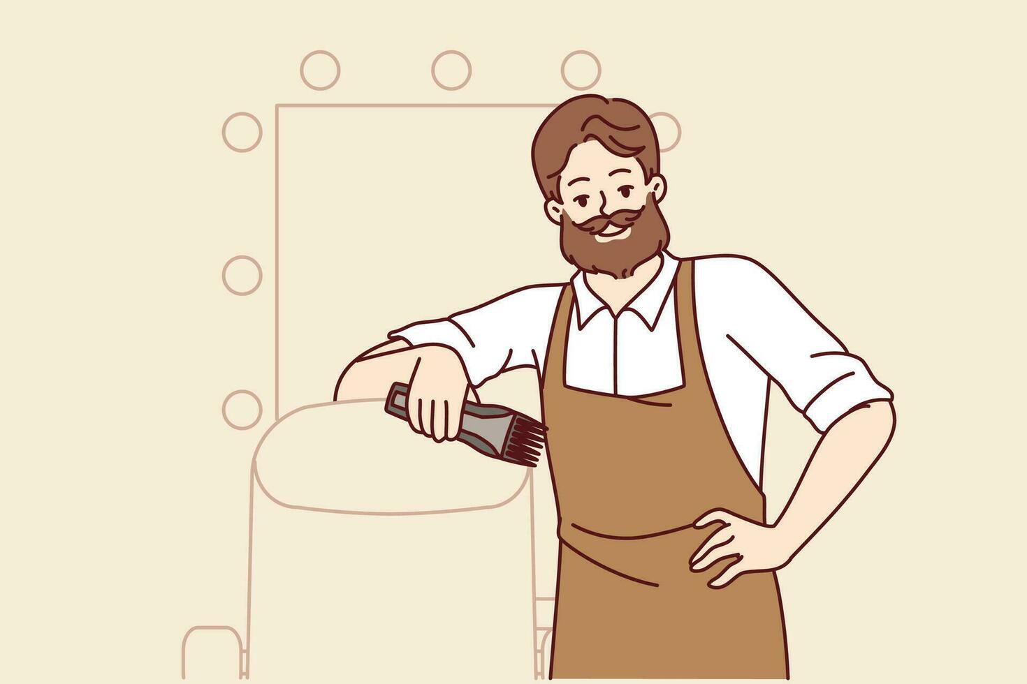 Bearded man hairdresser works in barbershop and smiles, standing near chair for client and mirror. Successful stylist in apron posing indoors at barbershop and holding trimmer in hand vector