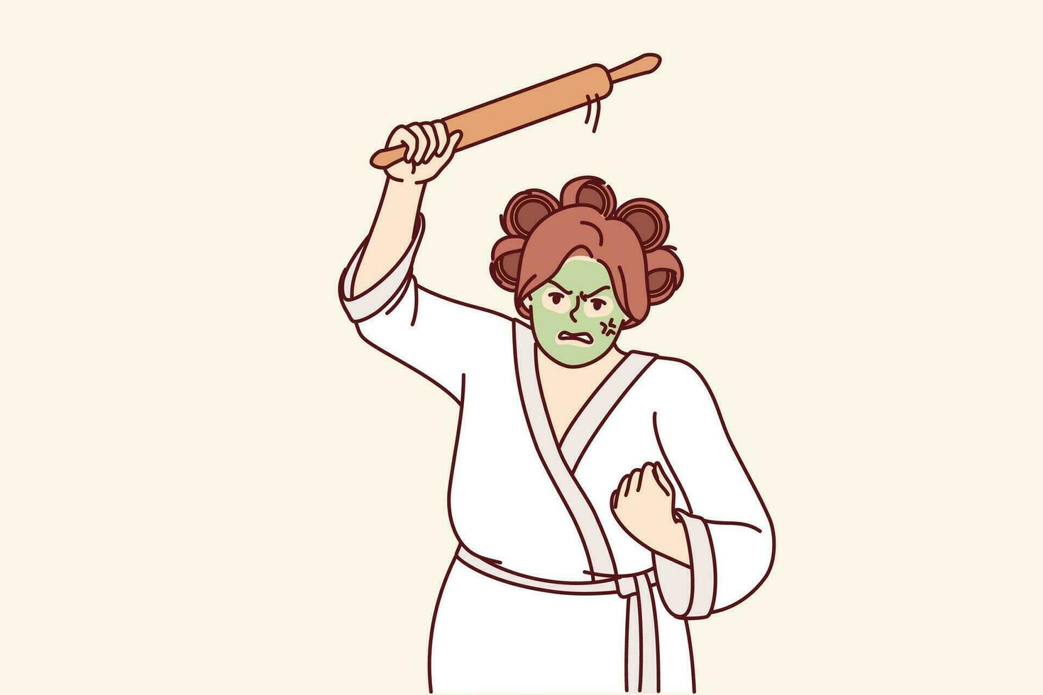 Aggressive woman holding rolling pin and threatening to be beaten, dressed in bathrobe with curlers and cosmetic face mask. Funny housewife with unbalanced psyche demonstrates aggressive mood vector