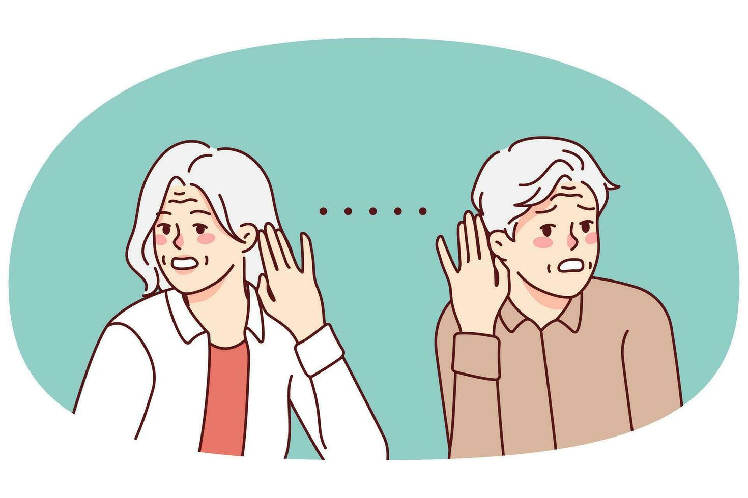 Unhealthy elderly people suffer from hearing problems. Unwell sick mature man and woman struggle with listening disabilities. Geriatric healthcare. Vector illustration.